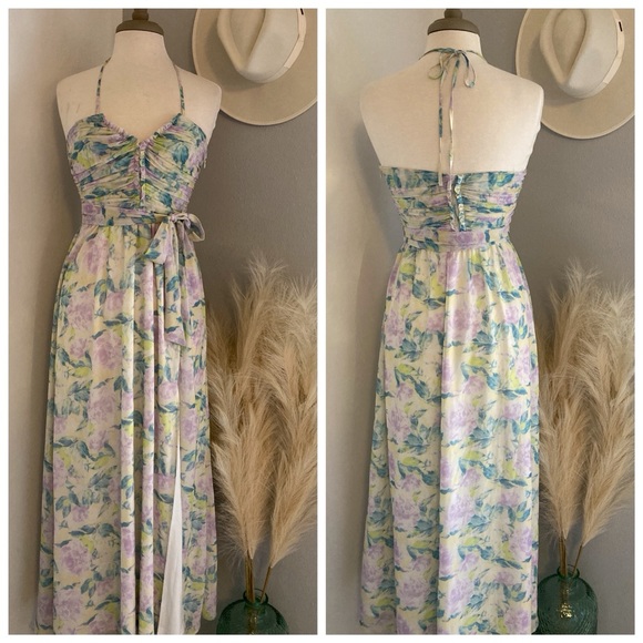 ❤️ Lulus Effortlessly Abloom Green Multi Floral Ruched Halter Midi Dress - Picture 3 of 16